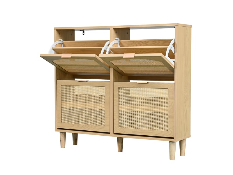  Meuble à chaussures 100x25x90 cm avec 4 portes abattantes, façades cannage et poignées métal, gain de place - Chêne clair Fay Lum - Conforama D