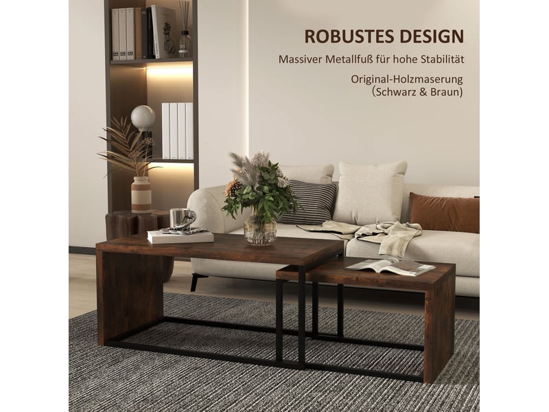  Tables basses gigognes avec 2 plateaux, en mdf et métal, noir et brun rustique, style industriel, pour salon  - Conforama C
