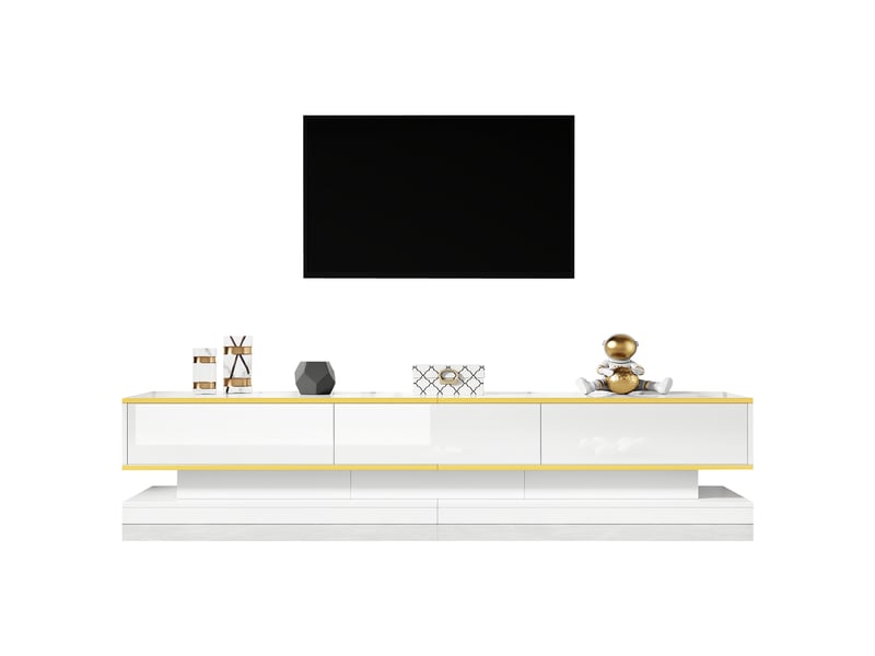 Ensemble salon blanc brillant: meuble tv, console 3 tiroirs et table basse 2 tiroirs, finitions dorées - Conforama A