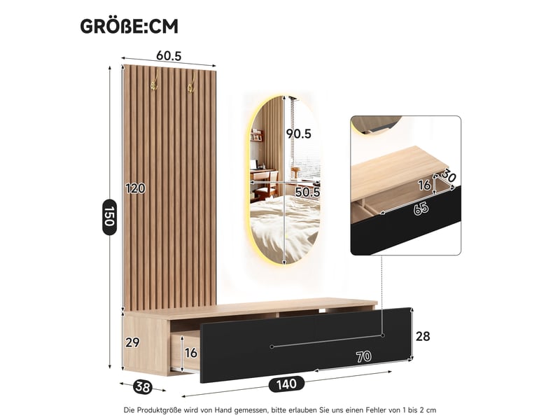  Meuble d’entrée mural 140x38x150 cm avec miroir led, 2 tiroirs, 2 patères, console suspendue, mdf noir et effet bois naturel, pour couloir  - Conforama D