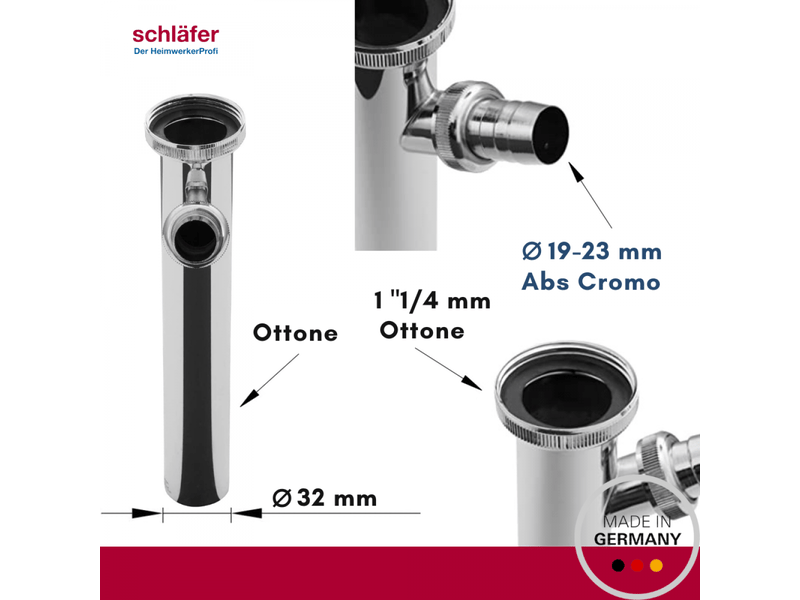  Schläfer 439004-raccord siphon en laiton 1 14 x diam. Ø32mm x 150mm chromé avec prise évacuation pour machine à laver, tuyau de siphon  - Conforama E