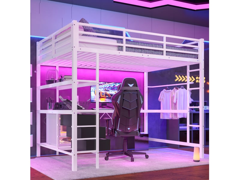  Lit mezzanine 140 x 200 cm, bureau, éclairage led, prises+usb, 3 tiroirs, garde-corps, métal mdf, blanc sans matelas  - Conforama W