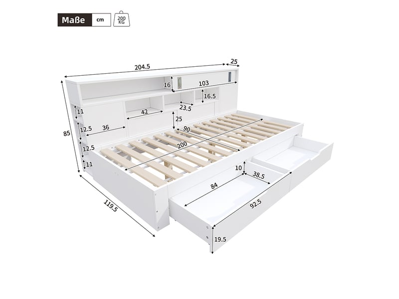  Structure de lit simple 90x200, 2 tiroirs, armoire à portes coulissantes, compartiment de rangement, sommier à lattes, blanc  - Conforama C