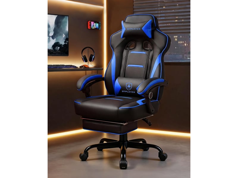  Gtplayer chaise de jeu avec repose-pieds, 180kg, soutien lombaire, appui-tête réglable, inclinable à 155° - bleu F59-BL-TJ - Conforama C