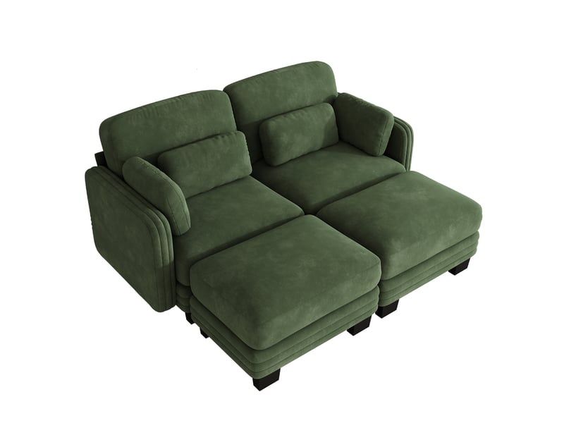  Canapé droit modulable 2 places avec 2 ottomanes 176x143x88 cm en chenille vert  - Conforama A