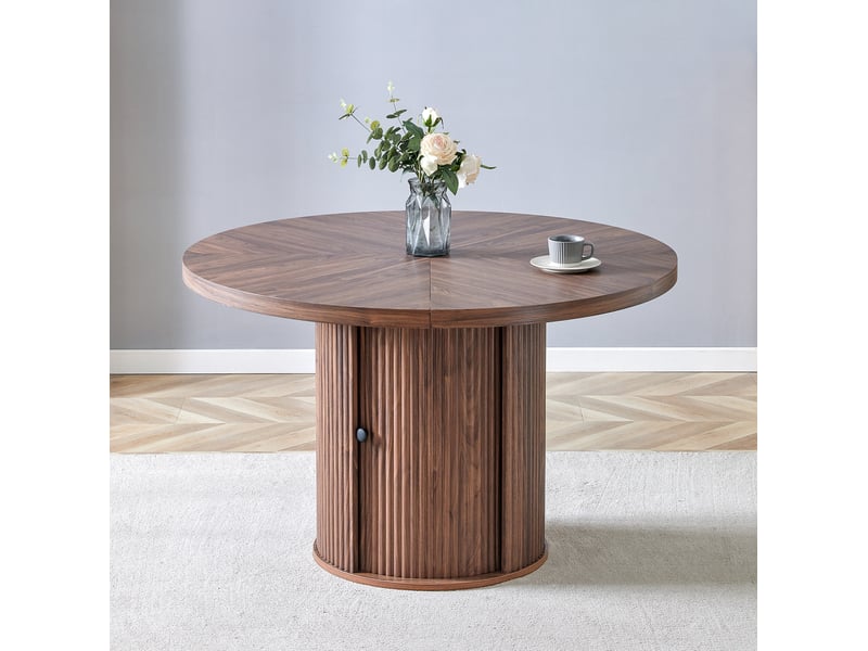  Table à manger ronde avec rangement, mdf couleur noyer, diamètre 115 cm, 4 à 6 personnes  - Conforama C