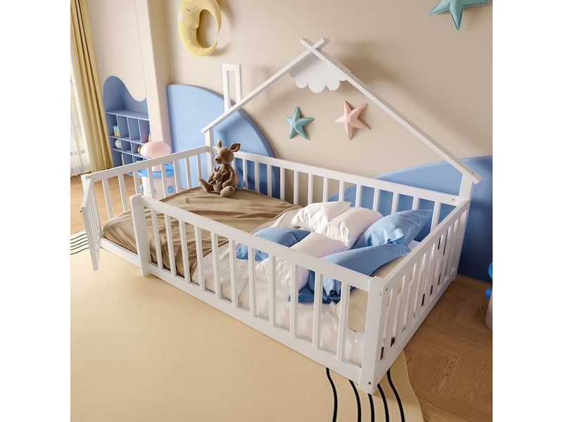  Lit cabane 90x190 cm blanc en bois de pin et mdf avec barrière verrouillable  - Conforama D