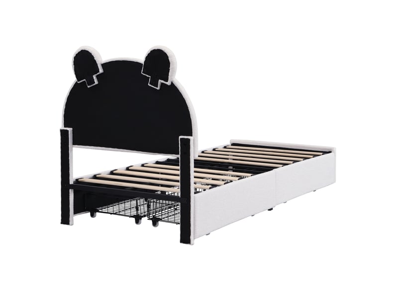  Lit enfant 90x200 cm en velours beige, tête de lit ours avec led pilotée par application et 4 tiroirs, sans matelas  - Conforama D