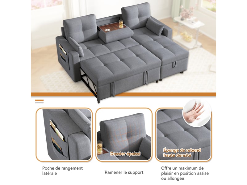 Canapé d'angle convertible 3 places en tissu effet lin, méridienne réversible, rangement, 211×136×87 cm - Conforama E