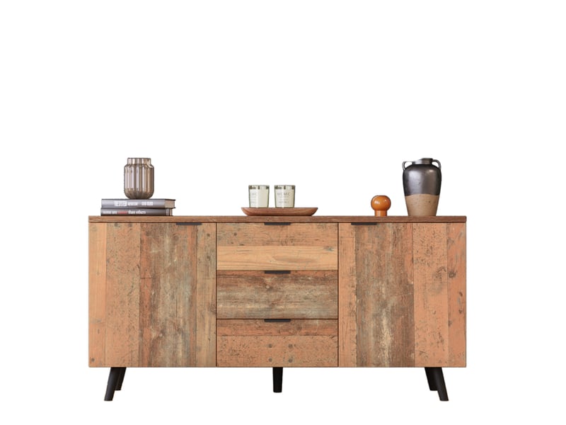 Meuble tv avec 3 tiroirs et placards à étagères réglables, finition bois vieilli, pour salon, marron, 140 × 35 × 70 cm - Conforama A