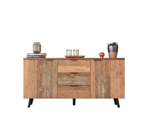 Meuble tv avec 3 tiroirs et placards à étagères réglables, finition bois vieilli, pour salon, marron, 140 × 35 × 70 cm