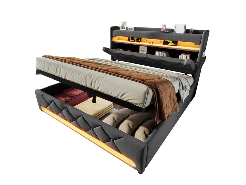  Elvmi lit double 180x200 cm en lin gris avec sommier coffre, tête de lit capitonnée avec rangements, 3 ports usb et 1 port type-c, éclairage led 360°, structure métallique, ouverture hydraulique et matelas 7 zones 25 cm  - Conforama D