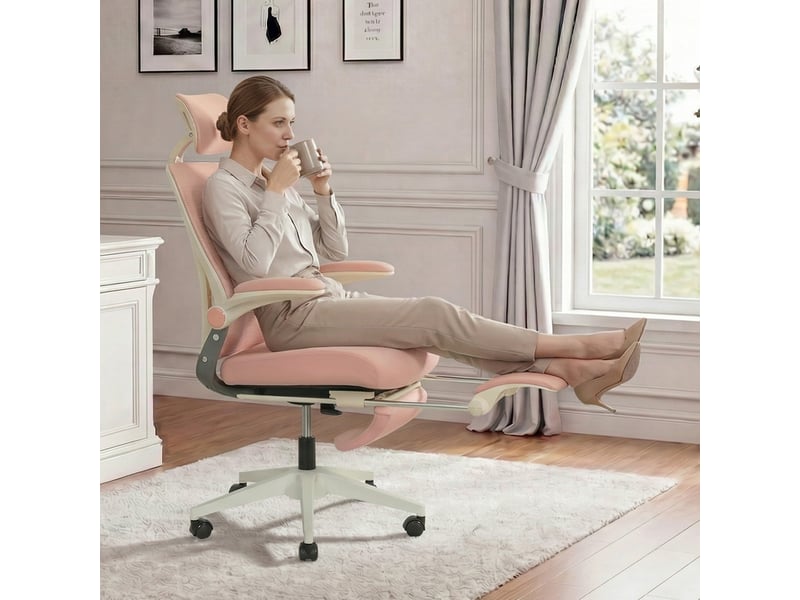  Chaise de bureau ergonomique inclinable avec dossier rabattable - lpospi - têtière 3d, maille et mousse - rose  - Conforama B