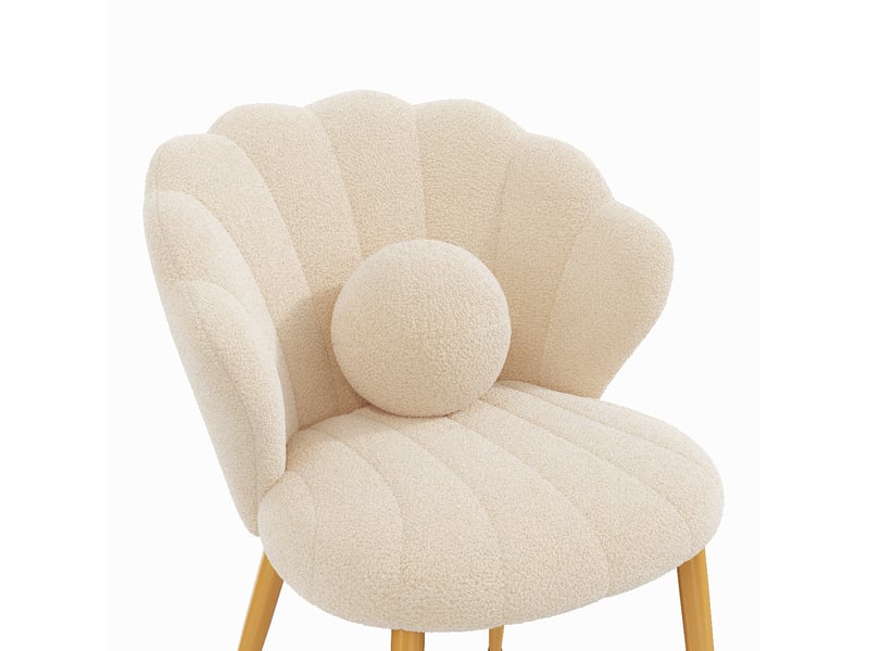  Lot de 4 chaises de salle à manger 60x62,5x83 cm, dossier coquillage, coussins, tissu teddy, pieds dorés, beige  - Conforama D