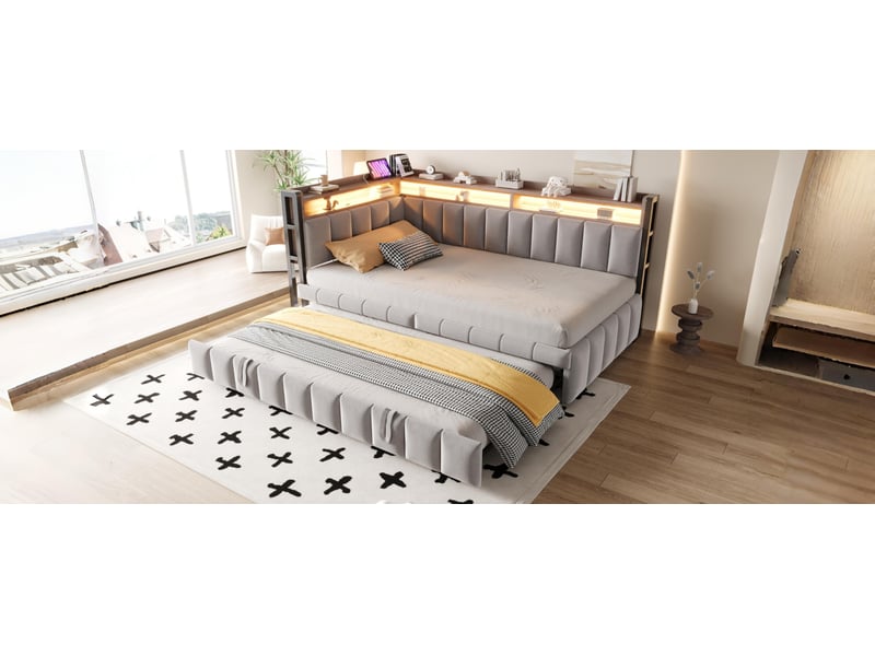  Lit gigogne 90x200 cm led réglable et ports usb et type c en velours gris  - Conforama C