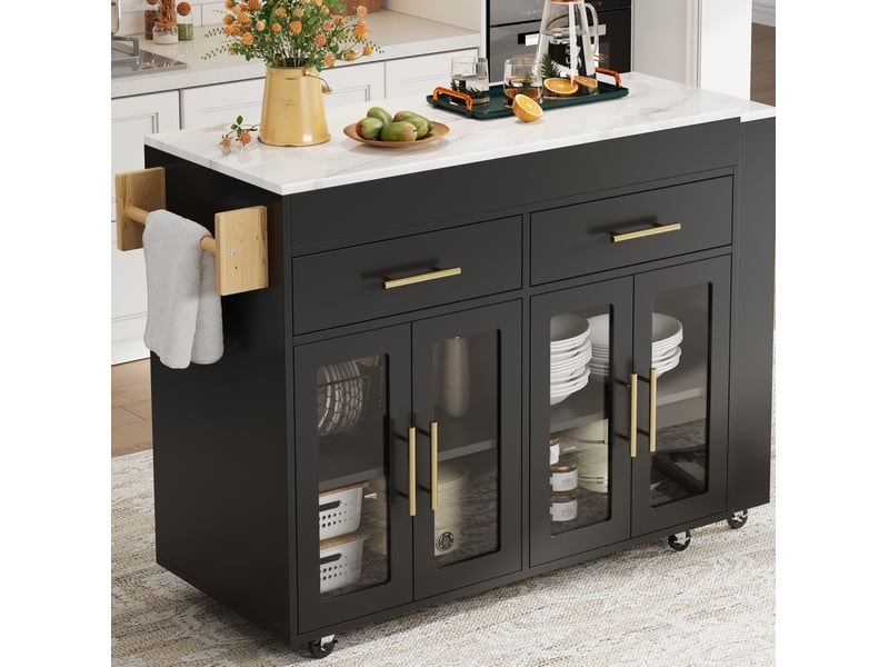  Îlot de cuisine mobile extensible 132,5-217x50x93 cm, bar, 7 roulettes, portes vitrées, mdf, noir  - Conforama E