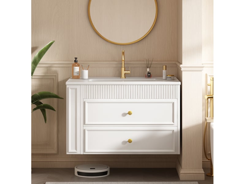  Meuble sous vasque mural avec 2 tiroirs, niche latérale, porte-papier et vasque en céramique pour salle de bain  - Conforama C