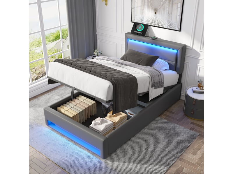  Lit capitonné 90x190 simili cuir gris avec éclairage led et port usb - rangement intégré  - Conforama D