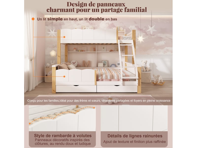  Lit superposé 90 × 200 cm et 140 × 200 cm 3 places, 2 tiroirs, étagères, sans matelas, blanc et chêne  - Conforama E