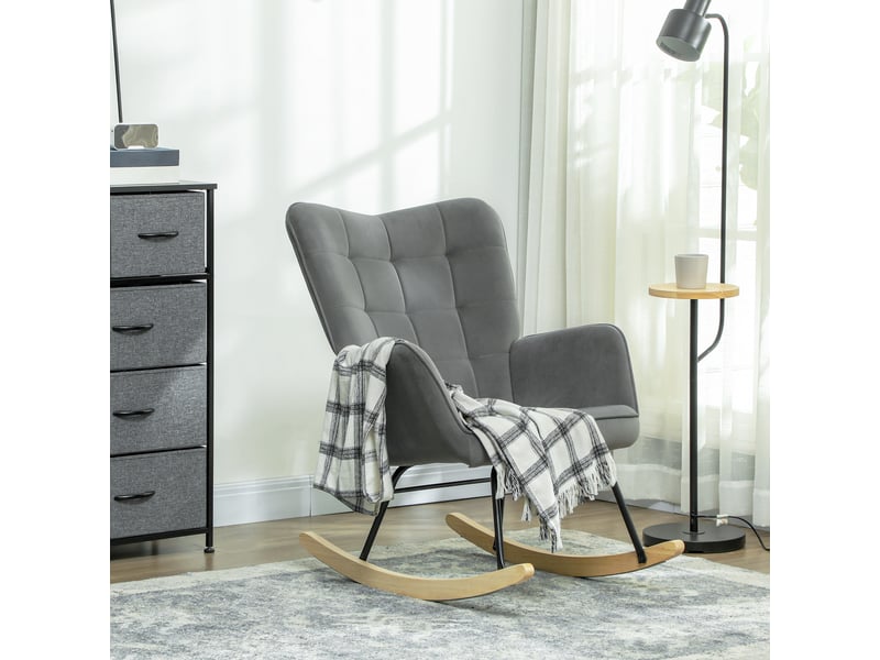  Fauteuil à bascule gris foncé, fauteuil d'allaitement confortable avec accoudoirs, revêtement velours, base en bois, 71x98x101 cm  - Conforama B