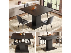 Table à manger extensible carrée, plateau rabattable et rangement, 60 à 120 × 120 × 75,1 cm, noire