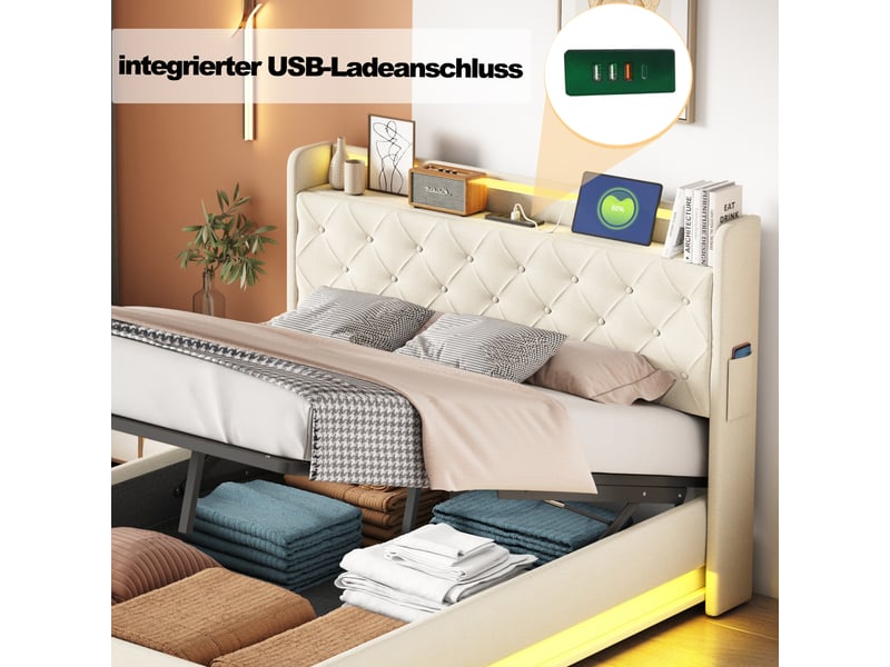  Lit capitonné led 140*200 cm beige, port usb et coffre hydraulique, tissu lin pour chambre  - Conforama E