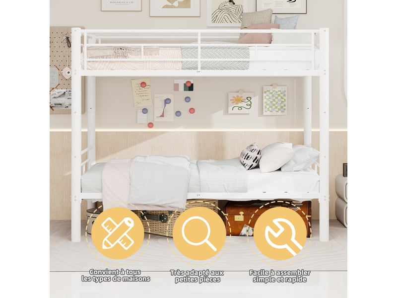  Lit superposé métal 2 x 90 x 190 cm, convertible en 2 lits simples, avec échelle et garde-corps, blanc  - Conforama D