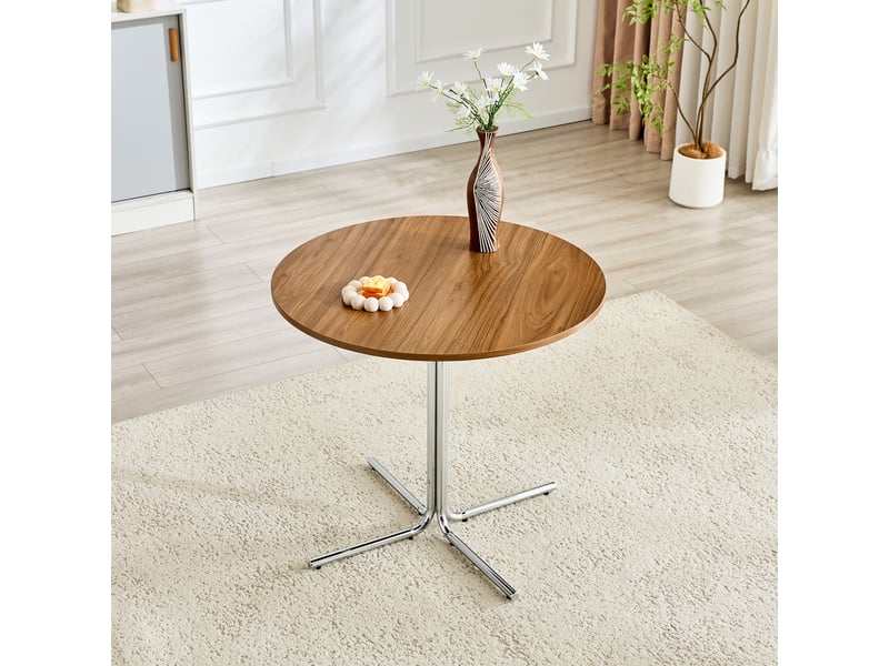  Table basse ronde avec plateau en mdf et piètement métal chromé, pieds antidérapants pour salon, coloris noyer et argent  - Conforama B