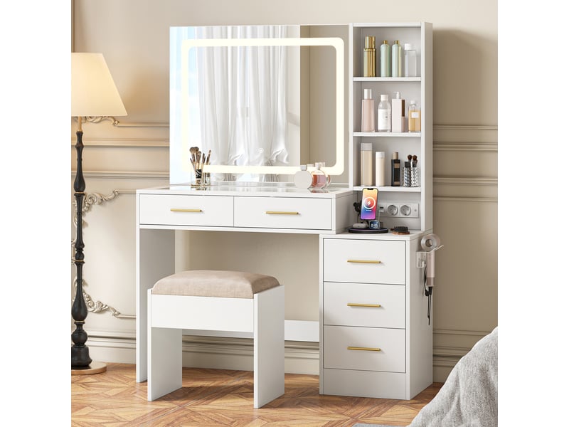  Coiffeuse maquillage avec tabouret - 110 x 36 x 140 cm - blanc - table de maquillage avec plateau en verre, grand miroir led, tiroirs et étagères  - Conforama D