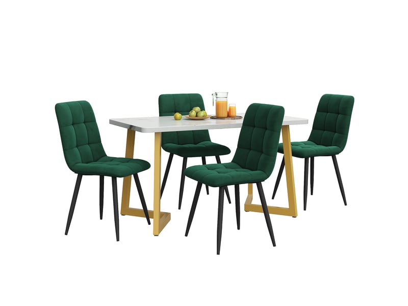  Ensemble table à manger avec 4 chaises, table à manger rectangulaire de 117 cm, plateau effet marbre et velours vert foncé  - Conforama A