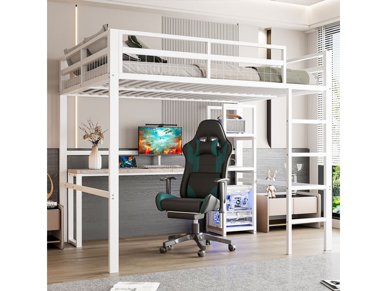  Lit mezzanine adulte 140x200 cm avec bureau, étagères, échelle, usb et usb-c, structure métal et mdf blanche  - Conforama E