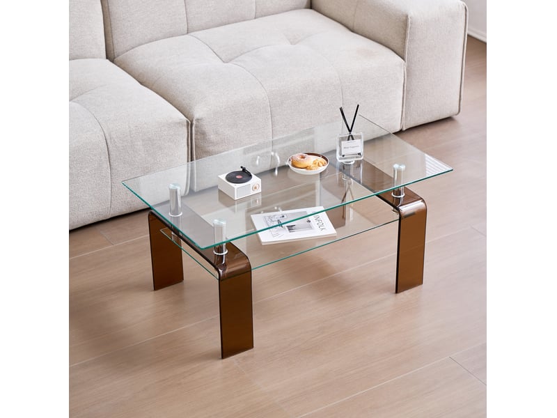  Table basse avec 2 plateaux en verre trempé et pieds métalliques bruns pour salon, transparente, 100 × 55 × 45 cm  - Conforama C