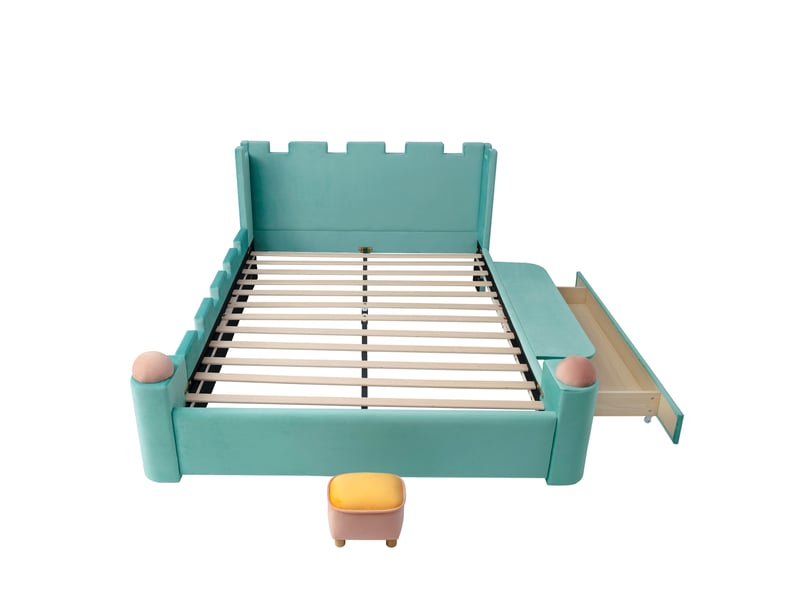  Lit double enfant capitonné, tablette latérale rabattable, tiroir de rangement, motif château, coussins moelleux anti-choc, velours français, bleu canard, 140 x 200 cm  - Conforama D