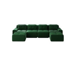 Méridienne modulable canapé d'angle en u 4 places tissu velours côtelé vert profond sans dossier bas