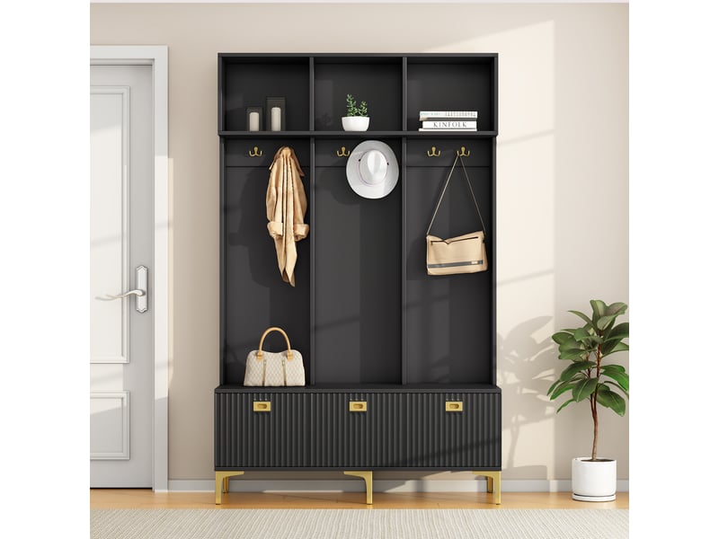  Meubles d'entrée avec banc, rangement ouvert et 6 crochets dorés, pour chaussures et manteaux, noir, 120×23,5×191,5 cm  - Conforama C