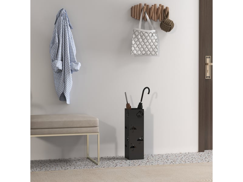  Porte-parapluie en métal, 4 crochets, motif nuages et parapluies, bac égouttoir, noir  - Conforama D