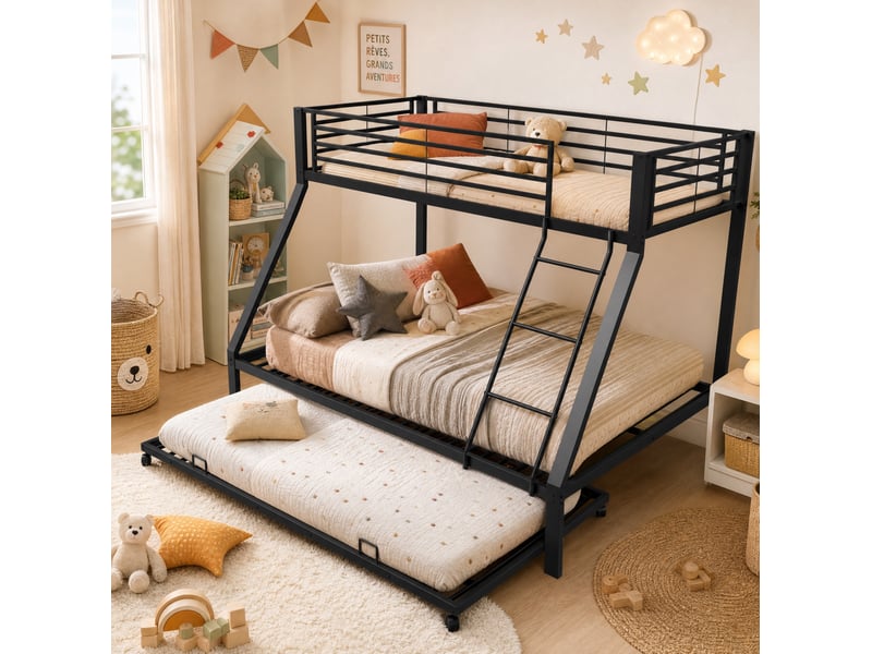  Lit superposé 90x200 cm et 140x200 cm avec lit gigogne 90x190 cm métal couleur noir sans matelas, design industriel  - Conforama E