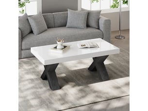 Table basse rectangulaire 100x50 cm plateau blanc brillant pieds en x noirs