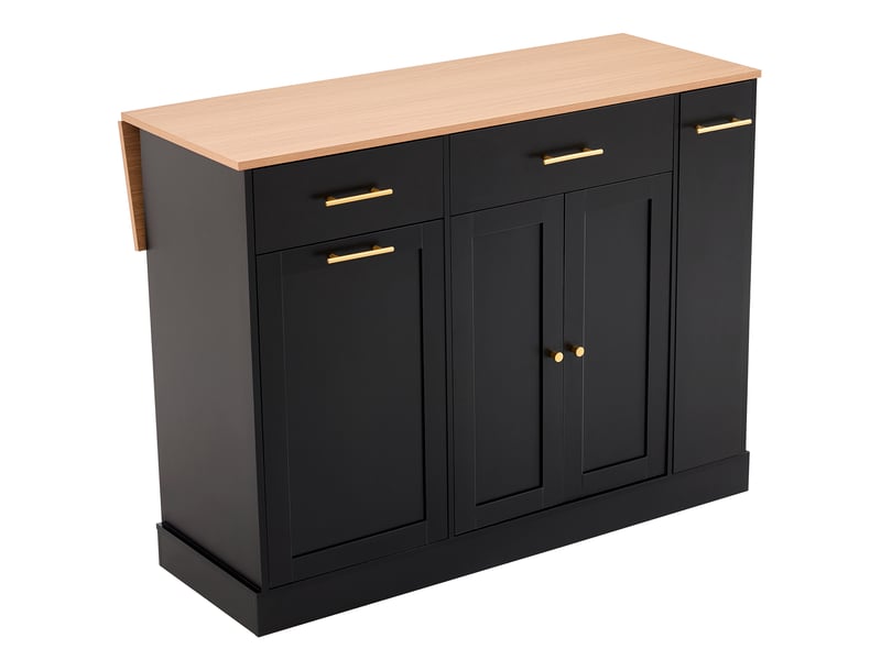 Îlot de cuisine noir et naturel 120 cm, plateau rabattable, 3 tiroirs, poubelle - Conforama D