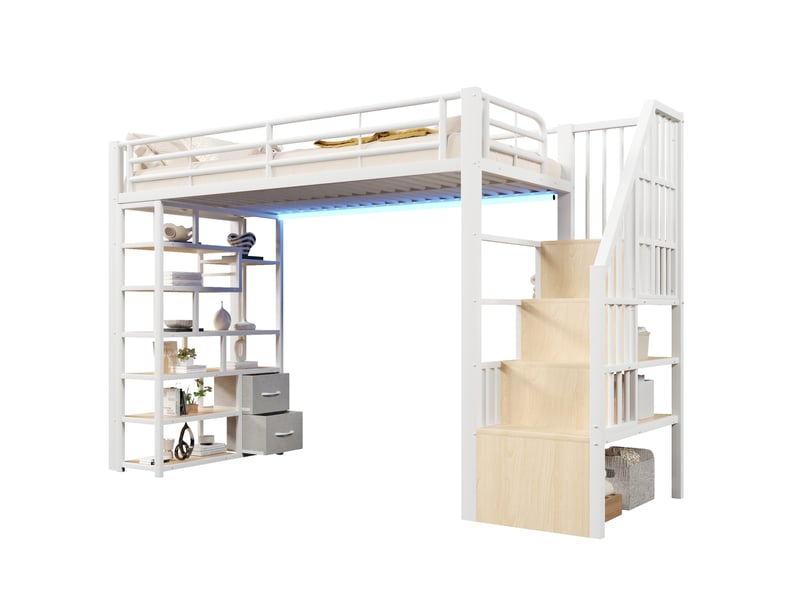  Lit mezzanine 90x200 cm, marches avec rangements et 2 tiroirs, led, en métal, blanc, sans matelas  - Conforama A