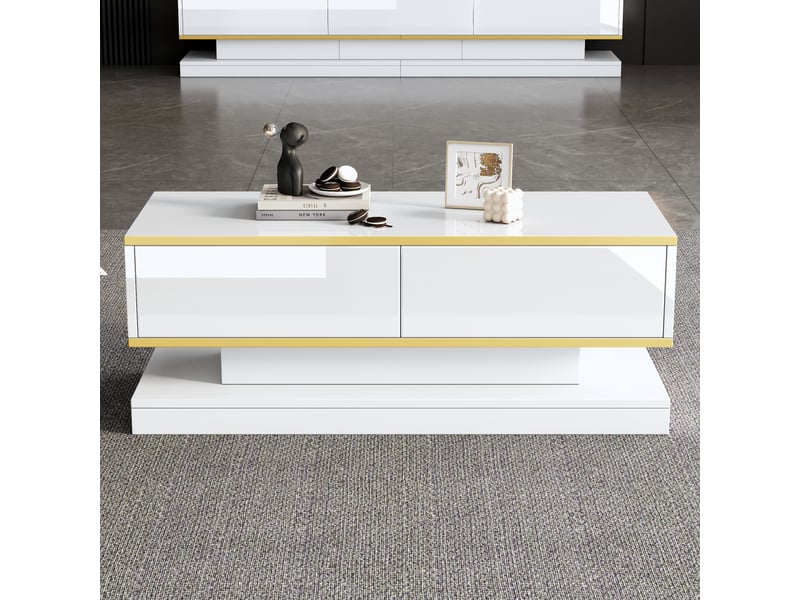  Table basse blanche et or 100x50x38 cm, table de salon brillante avec 2 tiroirs, design unique pour salon  - Conforama E