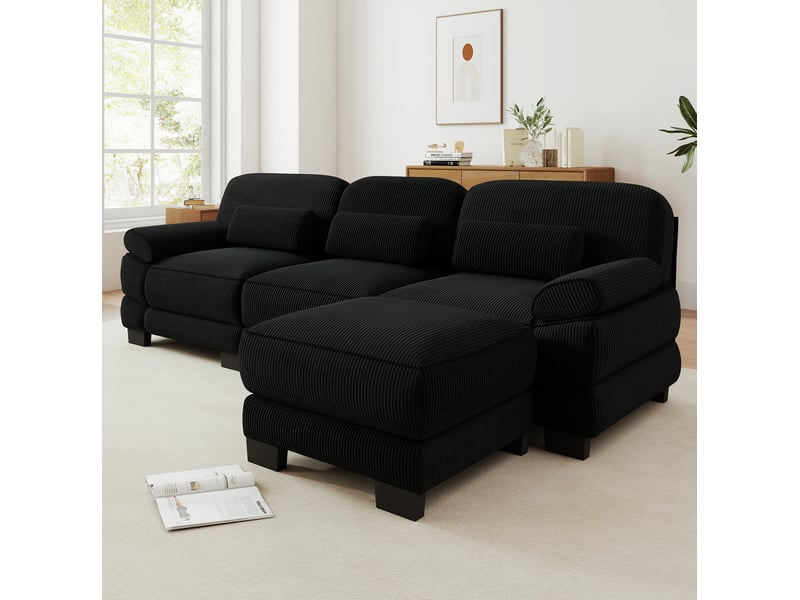  Canapé modulable tcqpz 3 places en l avec pouf velours côtelé noir 265 x 161 x 94 cm  - Conforama D