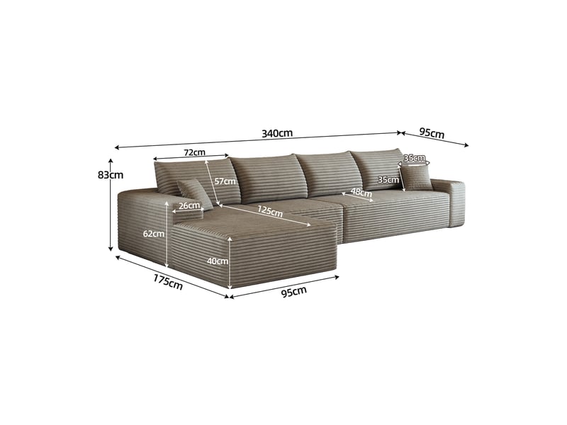  Canapé d'angle modulable 4 places en velours côtelé camel, 340 x 175 x 83 cm, méridienne gauche, sans montage, livré compressé, assise profonde CARDUME ESTIVAL - Conforama C