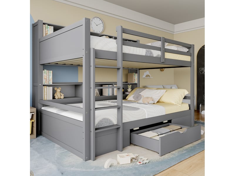  Lit superposé enfant 90x200 cm avec tiroir et rangements coloris gris  - Conforama D