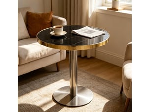 Table basse fixe ronde avec plateau effet marbre uv et piètement doré stable en acier inoxydable pour salon, noir