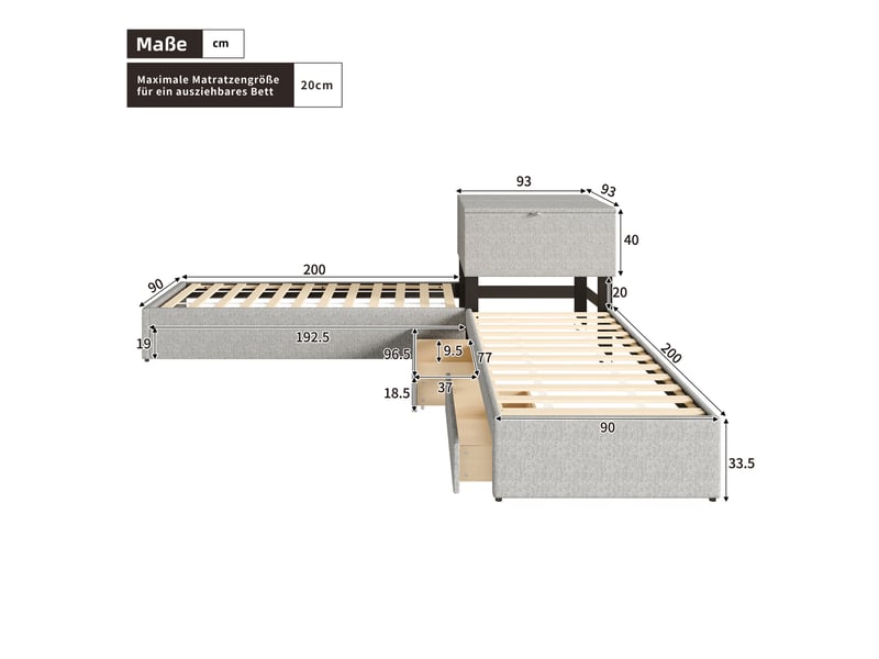  Lit d'angle 90x200 cm en lin gris avec lit gigogne 3 places et tiroirs de rangement  - Conforama C
