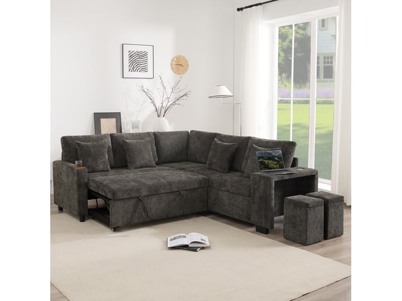  Canapé d'angle 220x205x86,5cm, espace de rangement, porte-gobelets, coussins, structure en bois, tissu chenille, gris  - Conforama D