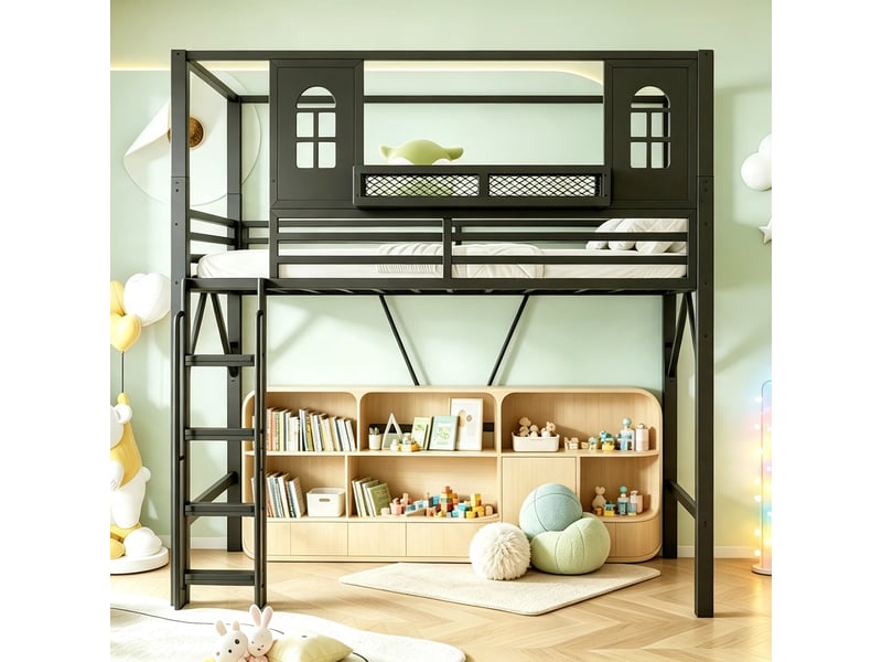  Lit mezzanine enfant 90 x 200 cm en métal, toit cabane avec fenêtres, échelle sécurisée, rangement, noir evarich - Conforama E