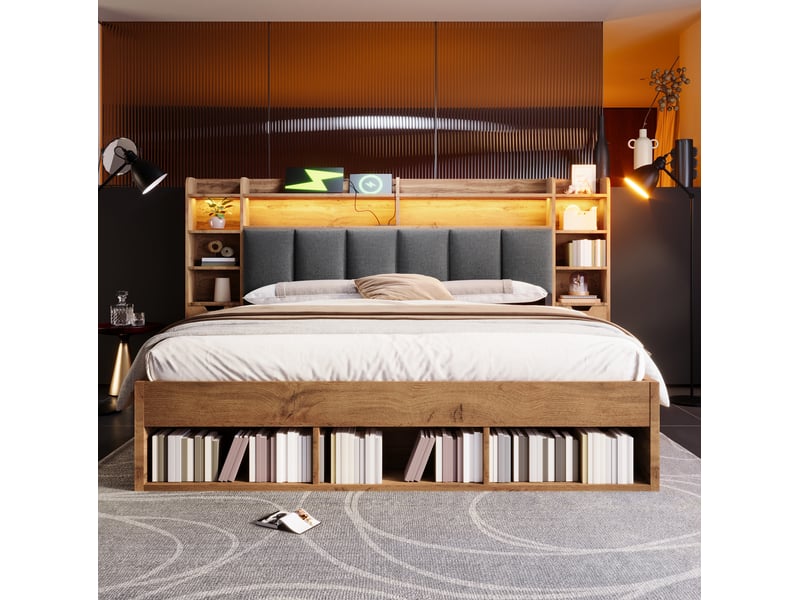  Lit double 180 x 200 cm chêne avec rangements, led et ports usb  - Conforama D