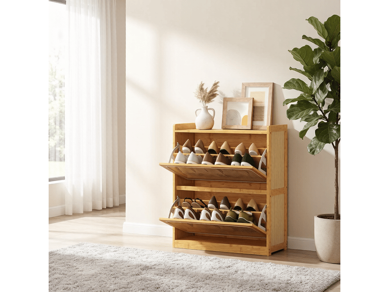 Meuble à chaussures avec 2 compartiments basculants en bambou pour entrée 69×29×83 cm naturel  - Conforama C